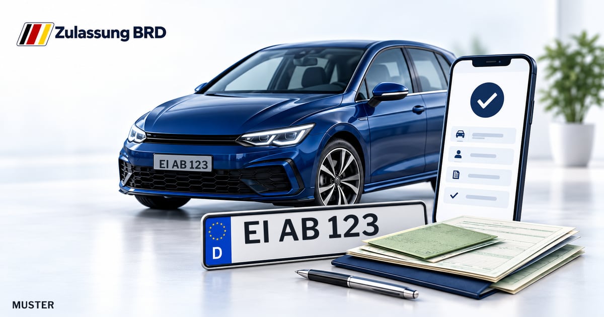 Online Fahrzeugzulassung in Landkreis Eichstätt: Musterkennzeichen EI AB 123, Auto und Fahrzeugpapiere und Smartphone. Illustration mit Logo von Zulassung BRD.